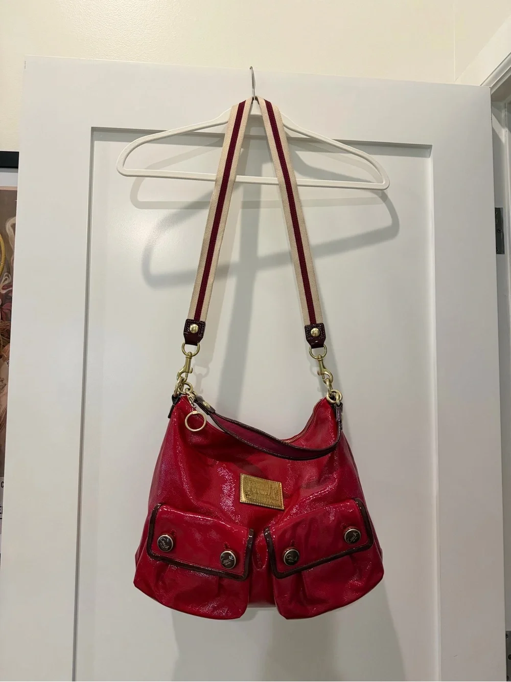Coach Red Patent Leather Shoulder Bag with Dual Front Pockets